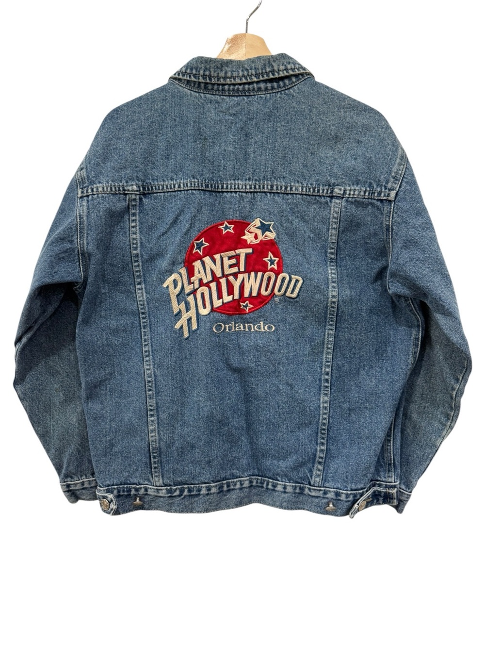 1990s Vintage Planet Hollywood Orlando Embroiderer Blue Denim Trucker Jacket